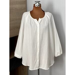 Quince Sz L Gauze Peasant Blouse White Cotton Coastal Breezy Breathable Natural